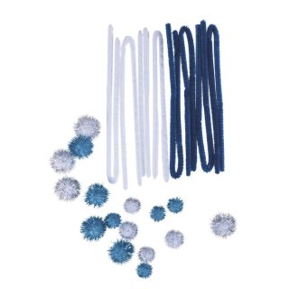 Metallic-Pompons + Chenilledraht, blau-weiß, Farben+Größen sortiert, Beutel 24Stück