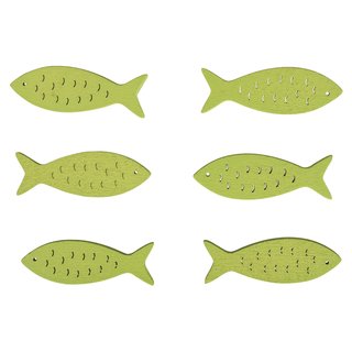 Holz-Streuteile Fische, lindgrün, 5x1,5cm, mit Glitter, Beutel 6Stück
