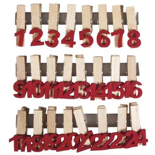 Adventskalenderzahlen auf Holzklammer, 37x35mm, Filzzahlen rot, Beutel 24Stück