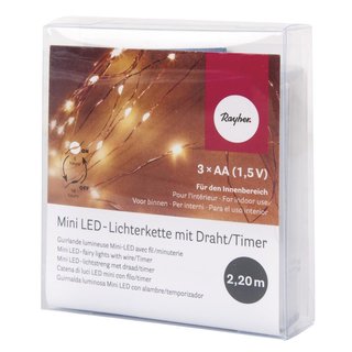 Mini LED-Lichterkette mit Draht & Timer, lichtgelb, 220cm