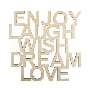 Holzschrift "Enjoy,Laugh,Wish..." natur, 18,7x18x0,4cm, Beutel 1Stück
