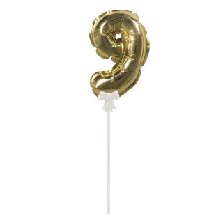 Folienballon Topper Zahl 9, gold, Ballon 13cm +Stecker 19cm, Beutel 1Stück