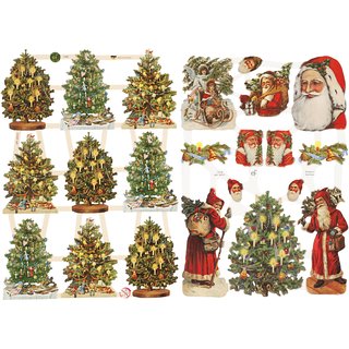 Vintage-Glanzbilder Nikolaus und Weihnachtsbäume, 2 Blatt