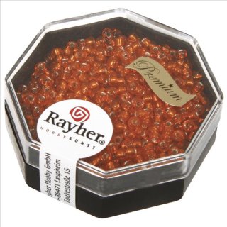 Premium-Rocailles, 2,2 mm &oslash;, capriorange, Dose 8g, mit Silbereinzug