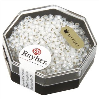Premium-Rocailles, 2,2 mm ø, weißopal, Dose 12g, mit Silbereinzug