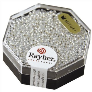 Premium-Rocailles, mit Silbereinzug, wei&szlig;opal, &oslash; 1,5 mm, Dose 5g