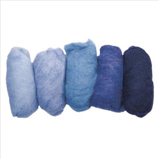Reine Schurwolle, meliert, Blau-Töne, Vlies, 5 Farben à 20g