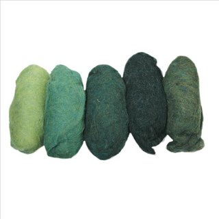 Reine Schurwolle, meliert, Grün-Töne, Vlies, 5 Farben à 20g