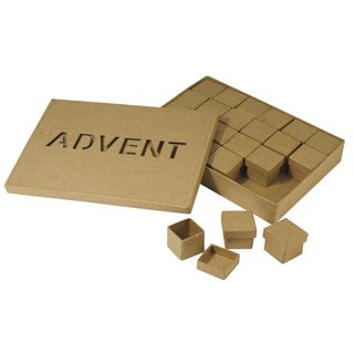 Pappmaché-Mini-Adventskalenderbox, 20x14x3 cm, m. 24 Schachteln 3x3x2,5 cm